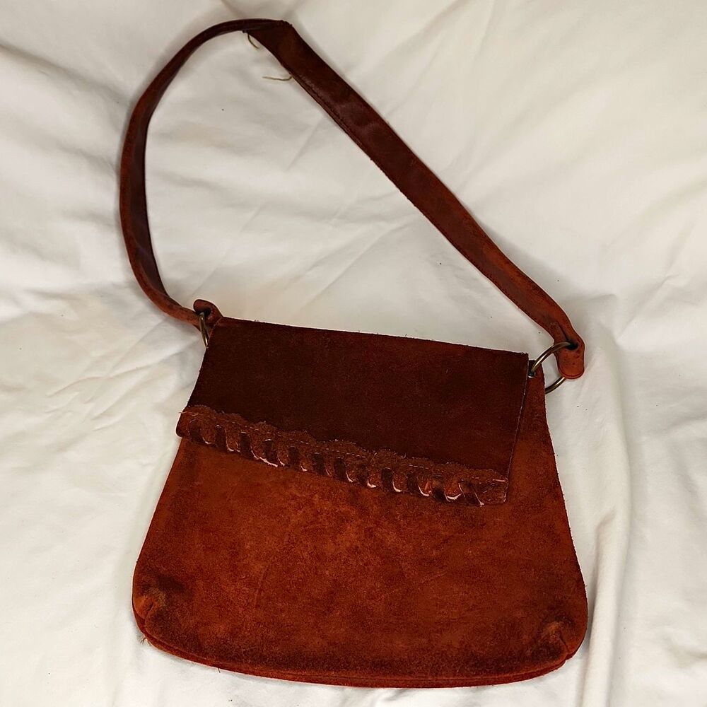 Brown Suede Leather Crossbody Handbag Gold Hardware Solid Rectangle 8x11x3